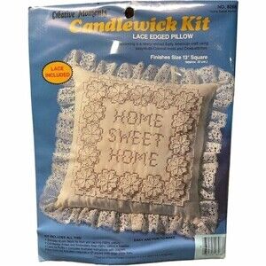 VTG Creative Moments Home Sweet Home Candlewick Lace Edged Pillow Needlepoint